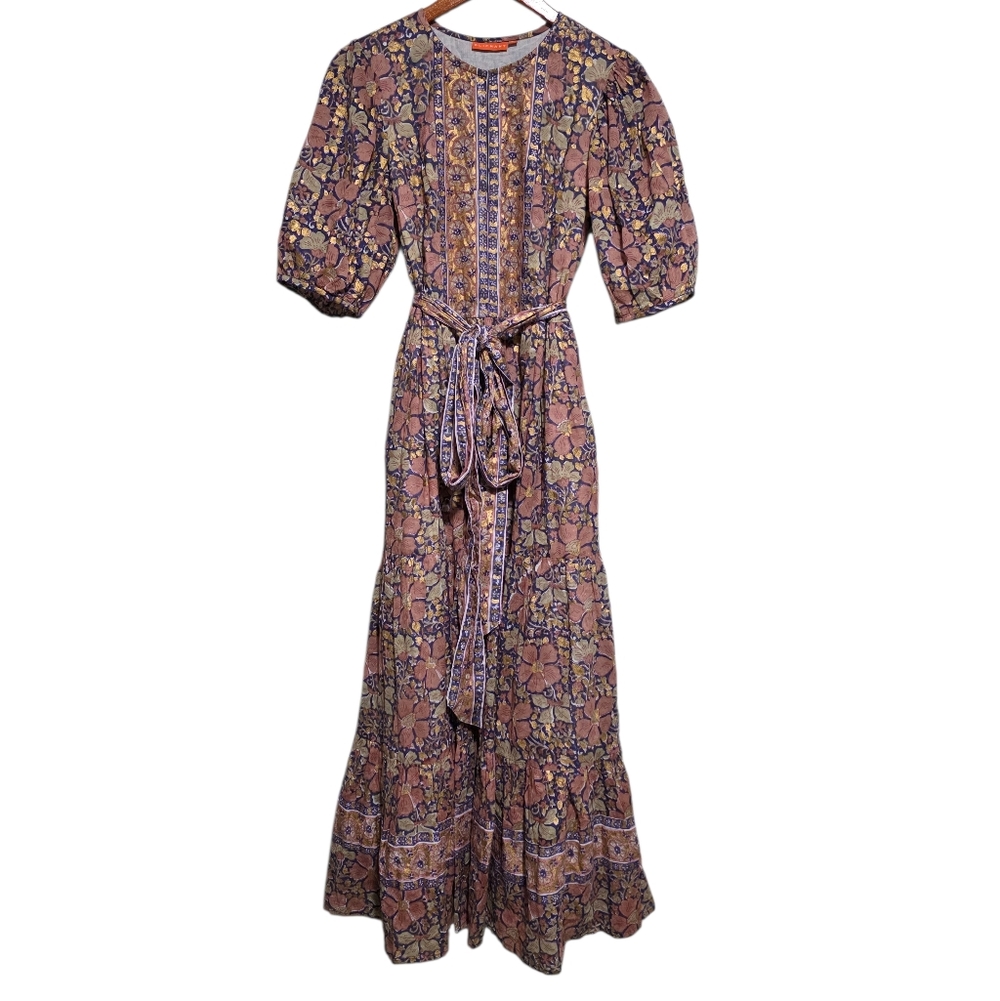 Oliphant Puff Sleeve Maxi Dress in Matera Navy Size Small - Picture 3 of 5